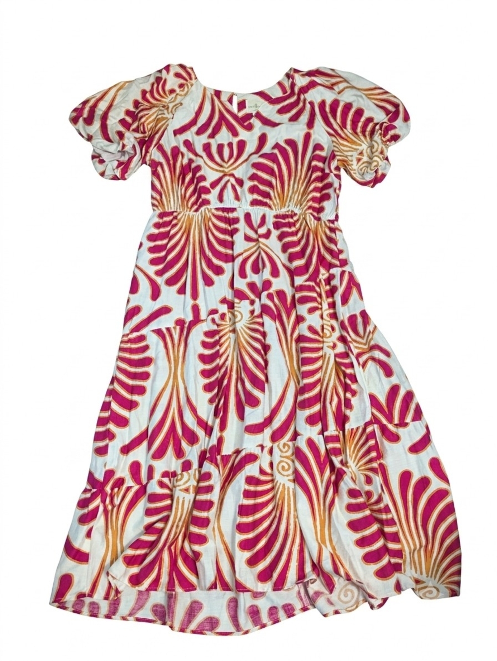 UMGEE Dress 2XL Plus Tiered Midi Maxi Pink Orange Abstract Boho Puff Sleeve